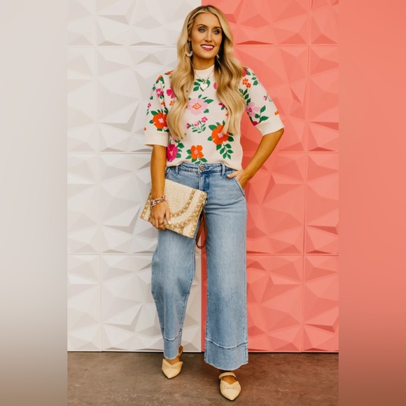 THML Tops - THML Cream Floral Knit Top with Pink and Orange Blooms